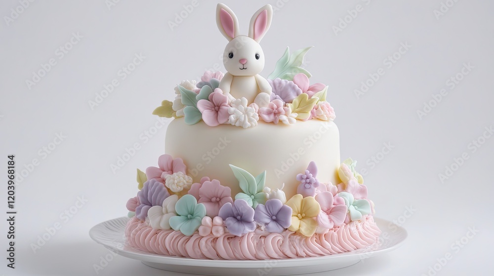 A simple yet elegant Easter cake with pastel-colored icing, a small fondant bunny, and floral accents, displayed on a white background with ample room for messaging. A simple yet elegant Easter cake with pastel-colored icing, a small fondant bunny, and floral accents, displayed on a white background with ample room for messaging.