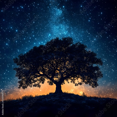 Silhouette of Peepal Tree Against Starry Amavasya Night Sky Ideal for Spiritual Mystical and Nature Themed Projects
