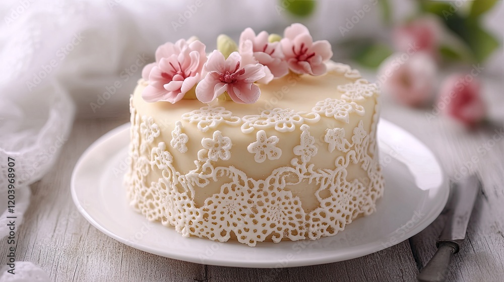 A soft and elegant Easter cake design with delicate lace-like frosting and small floral decorations, set on a white plate with ample copy space. A soft and elegant Easter cake design with delicate lace-like frosting and small floral decorations, set on a white plate with ample copy space.