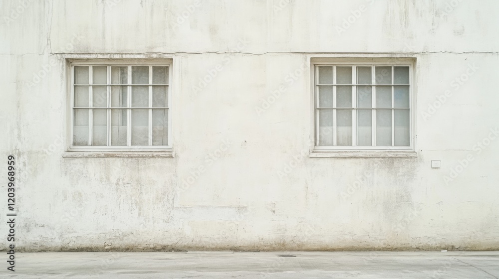 Two small windows on a weathered white wall. Two small windows on a weathered white wall.