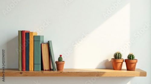 Wallpaper Mural Simple Wooden Shelf Decor with Books and Cacti Torontodigital.ca