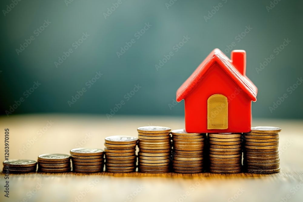Red House Surrounded by Stacked Coins for Financial Growth Red House Surrounded by Stacked Coins for Financial Growth