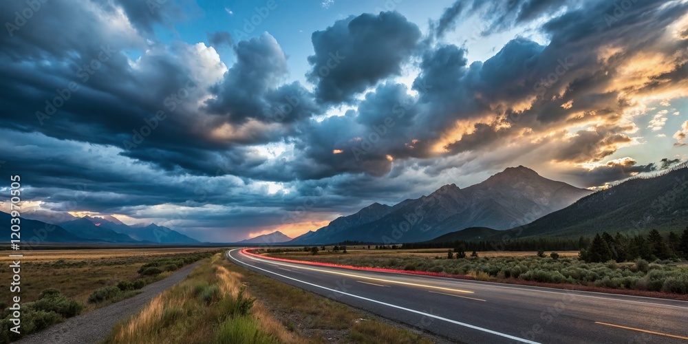 Naklejka premium Rustic Landscape, Fast-Paced Life, Time Lapse, Nature's Hurry, Blurred Motion, Busy World Escape