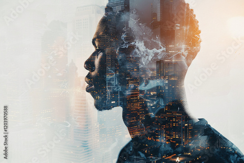 Double exposure of African American man silhouette and modern city skyline background