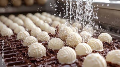 Chocolate confectionery being prepared with white chocolate spheres being sprinkled with water photo