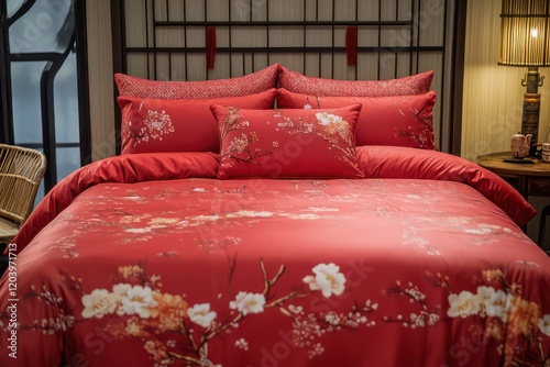 Home textile scene, four-piece set, red Chinese New Year atmosphere, Happy New Year, red hot photo