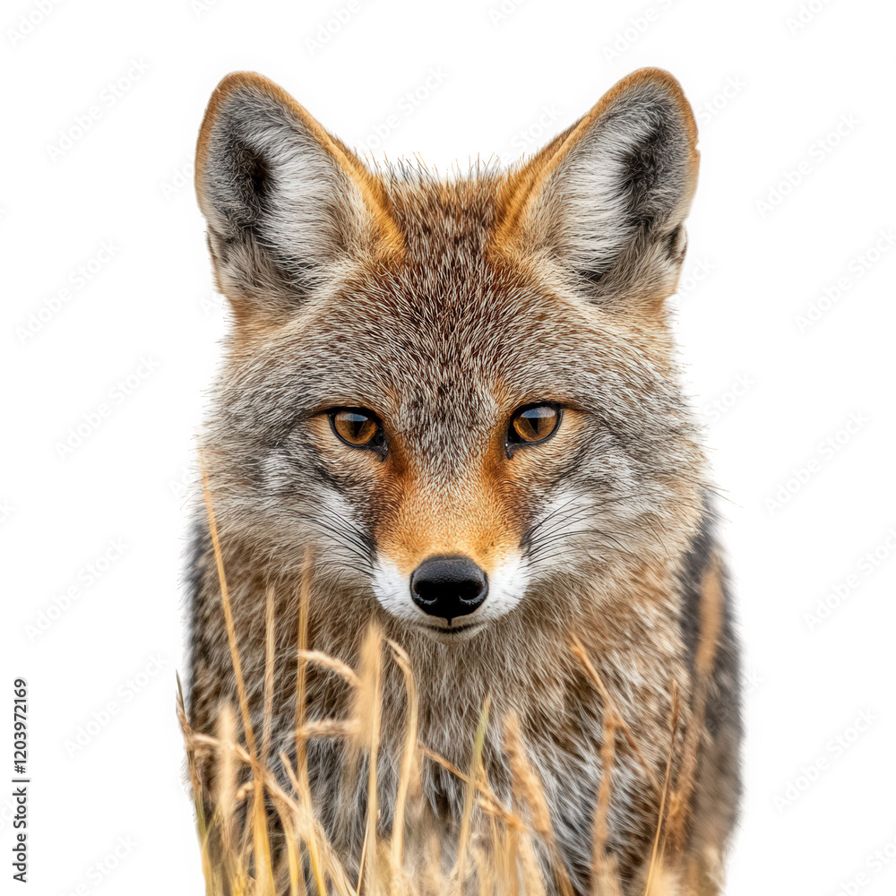 Fototapeta premium Cunning jackal with piercing eyes, blending into tall grass, showcasing its wild beauty and alertness in natural setting