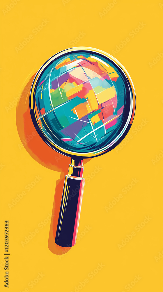 A creative vector design of a magnifying glass examining a globe, symbolizing global search or exploration, using vibrant colors and clean lines. A creative vector design of a magnifying glass examining a globe, symbolizing global search or exploration, using vibrant colors and clean lines.