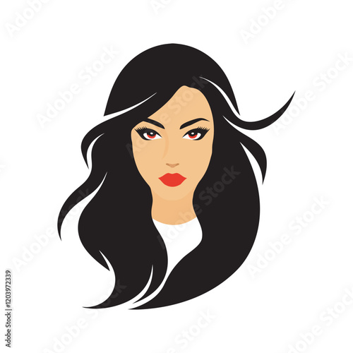 Elegant woman with long black hair and red lips. Monochrome portrait of a beautiful woman with long wavy hair. red lips. beauty concept, woman, hairstyle. sticker, vector illustration.