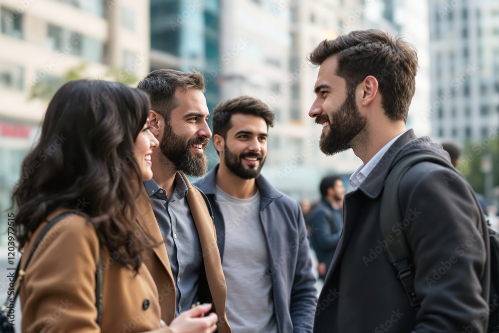 Group of friends talking outdoors in an urban setting. Group of friends talking outdoors in an urban setting.