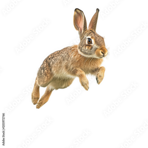 small and agile hare leaps gracefully through air, showcasing its strong legs and keen senses. vibrant fur and dynamic pose capture essence of wildlife in motion photo