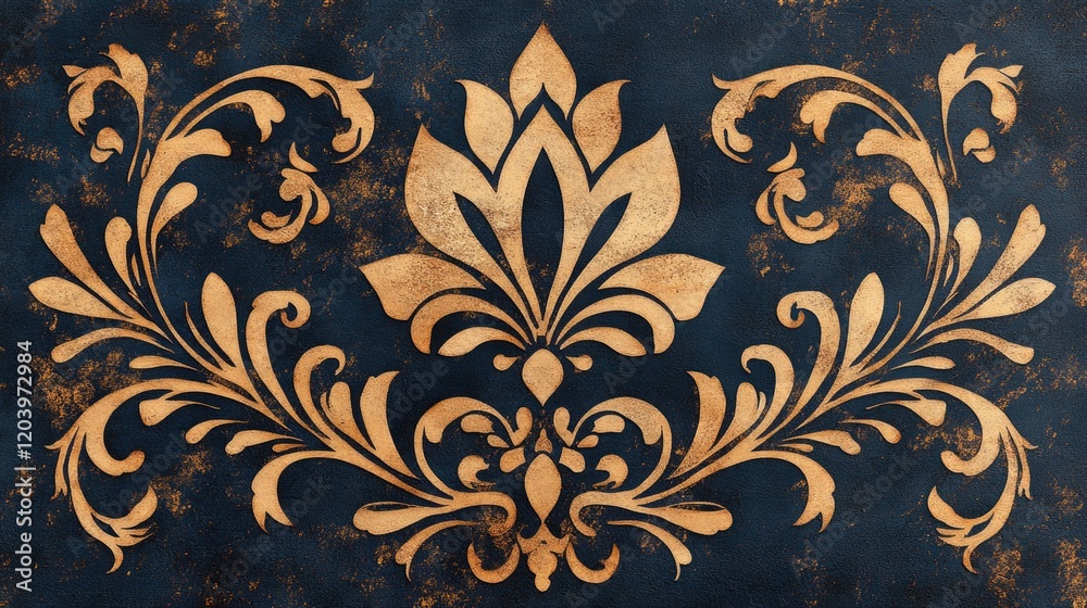 Ornate floral design featuring a golden lotus on a dark textured background, suitable for decor Ornate floral design featuring a golden lotus on a dark textured background, suitable for decor