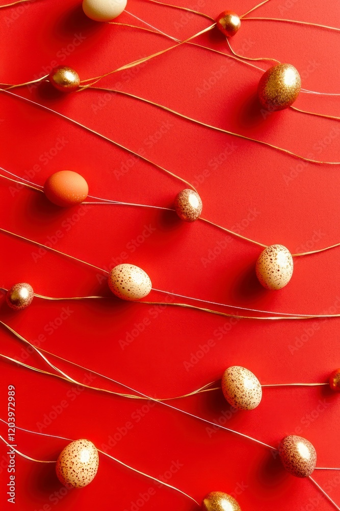 Minimalist Easter Eggs Design with Golden Accents on Vibrant Red Background Perfect for Celebrations and Festivities Related to Chinese New Year and Minimalist Decor. Minimalist Easter Eggs Design with Golden Accents on Vibrant Red Background Perfect for Celebrations and Festivities Related to Chinese New Year and Minimalist Decor.