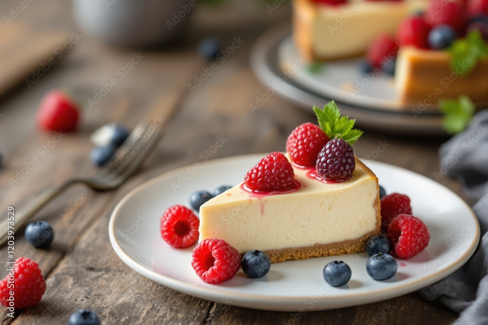Cheesecake slice garnished with fresh berries on rustic wooden table.