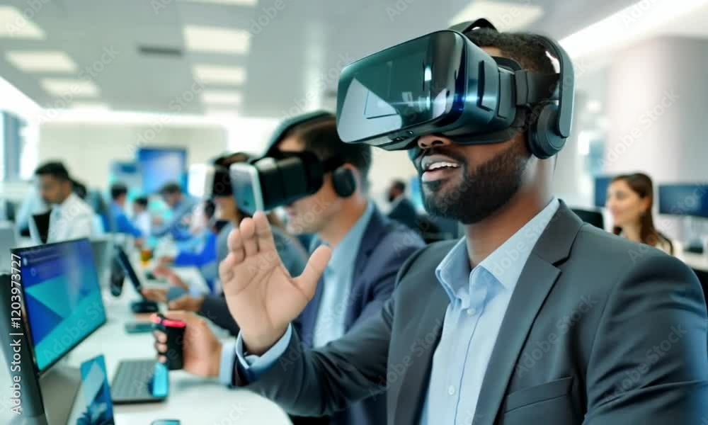 Professionals wearing virtual reality headsets in a modern office environment, engaging with VR technology for immersive simulations and training. The scene showcases innovation, teamwork, and cutting Professionals wearing virtual reality headsets in a modern office environment, engaging with VR technology for immersive simulations and training. The scene showcases innovation, teamwork, and cutting