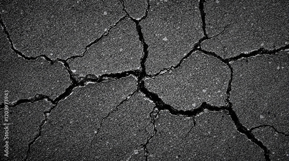 Obraz premium Black and white, dark gray volcanic basalt rock mountain, cracked and crumbled granite texture, broken stones scattered across a desolate, rugged terrain