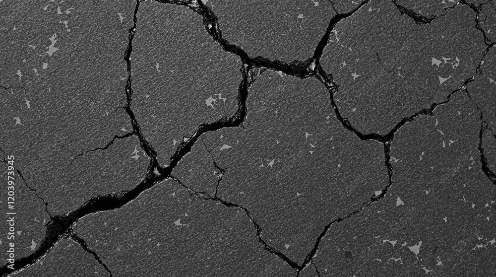 Obraz premium Black and white, dark gray volcanic basalt rock mountain, cracked and crumbled granite texture, broken stones scattered across a desolate, rugged terrain