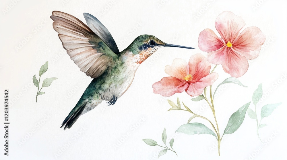 Fototapeta premium Colorful Hummingbird Hovering Near Delicate Pink Flowers