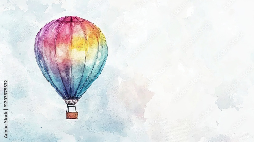 Obraz premium Colorful Watercolor Hot Air Balloon Floating in Blue Sky Background