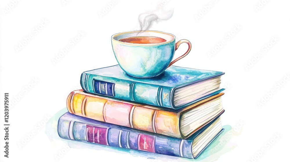 Cozy Cup of Tea on Stack of Colorful Books in Watercolor Style Cozy Cup of Tea on Stack of Colorful Books in Watercolor Style