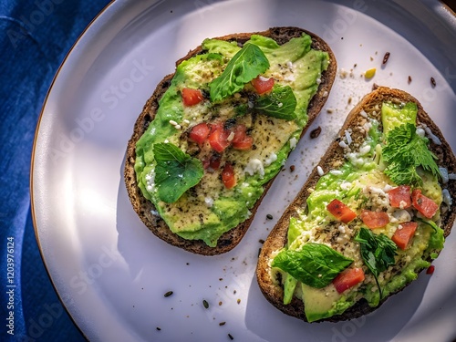 High-Resolution Image of Avocado Toast on Artisan Bread, Topped with Sliced Avocado, Cherry Tomatoes, Radishes, and Seeds, Perfect for Healthy Eating and Gourmet Food Presentations photo