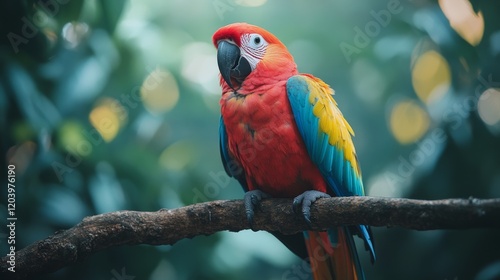 A vibrant scarlet macaw perched gracefully on a branch within its lush rainforest habitat showcasing its bright plumage against a bokeh background