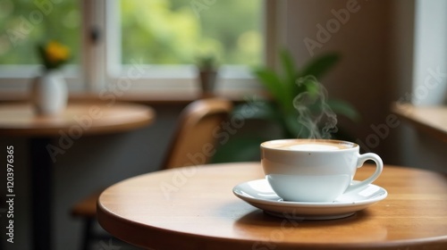 Wallpaper Mural Aromatic Steam Rising from a Cup of Cappuccino on a Wooden Table in a Cozy Cafe Torontodigital.ca