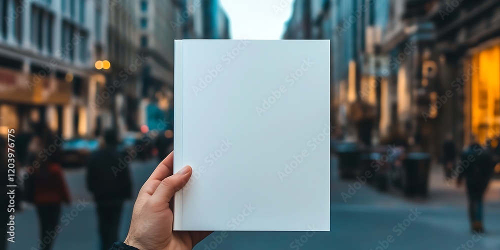 hand holding white book mockup of a blank cover with a city street blur background hand holding white book mockup of a blank cover with a city street blur background