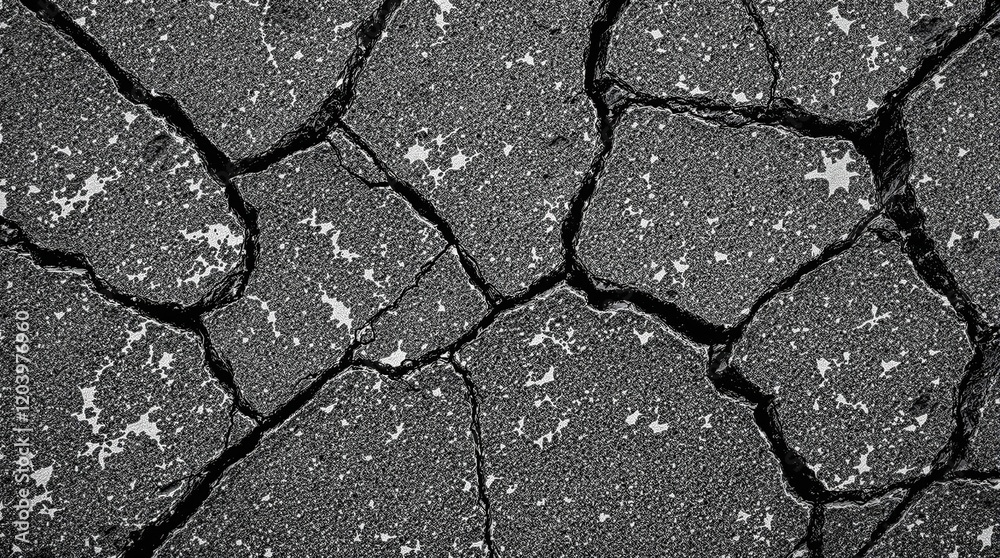 Fototapeta premium Black and white, dark gray volcanic basalt rock mountain, cracked and crumbled granite texture, broken stones scattered across a desolate, rugged terrain