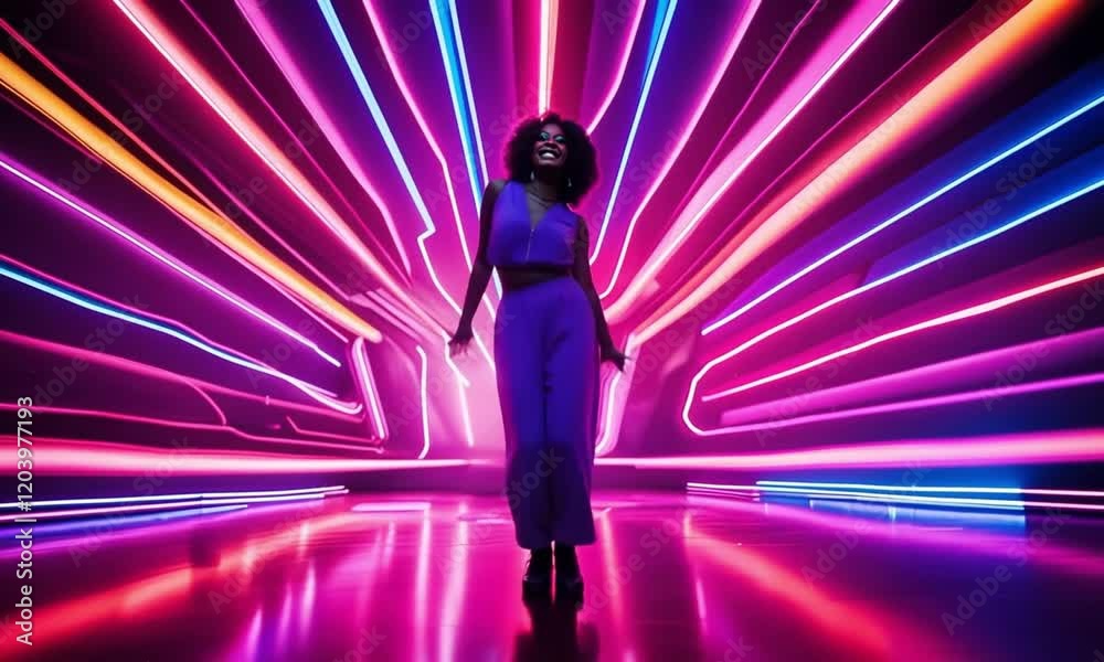 A character in retro disco attire, grooving to the beat with neon light effects illuminating the background, showing vibrant colors like pink, blue, and purple as the character dances A character in retro disco attire, grooving to the beat with neon light effects illuminating the background, showing vibrant colors like pink, blue, and purple as the character dances