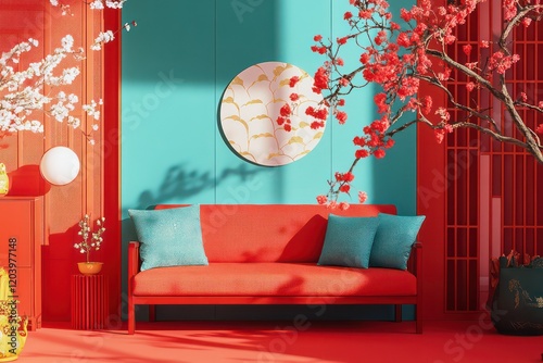 E-commerce poster background, Chinese New Year banner on red background. On the left side of the screen
