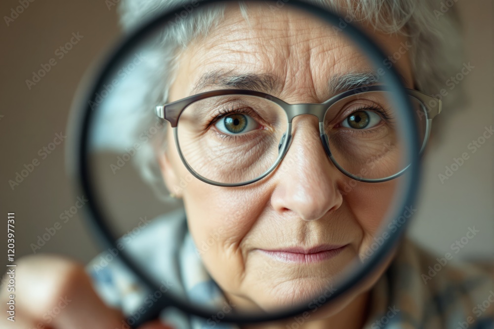 Elderly woman looking through a magnifying glass, showcasing her eye details and glasses up close. Elderly woman looking through a magnifying glass, showcasing her eye details and glasses up close.