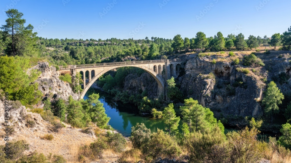 Panoramic view of an arched bridge spanning a river gorge amidst lush greenery and rocky terrain under a clear blue sky. Panoramic view of an arched bridge spanning a river gorge amidst lush greenery and rocky terrain under a clear blue sky.