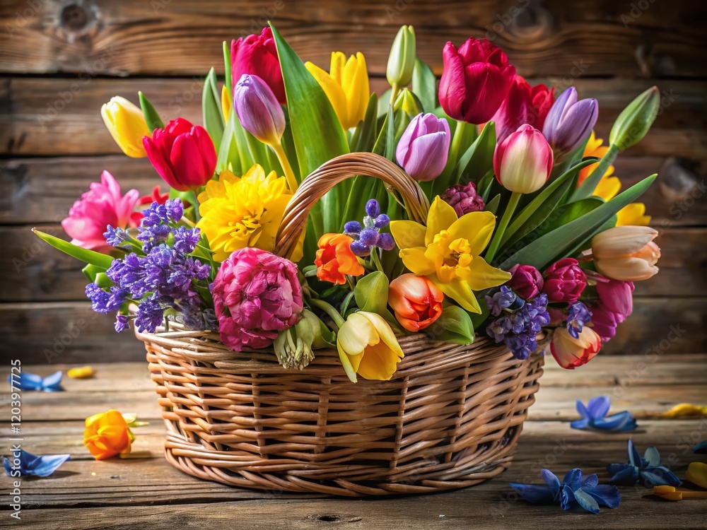 Rustic Woven Basket Overflowing with Vibrant Spring Flowers - Perfect for Easter, Mothers Day, or Springtime Decor Rustic Woven Basket Overflowing with Vibrant Spring Flowers - Perfect for Easter, Mothers Day, or Springtime Decor