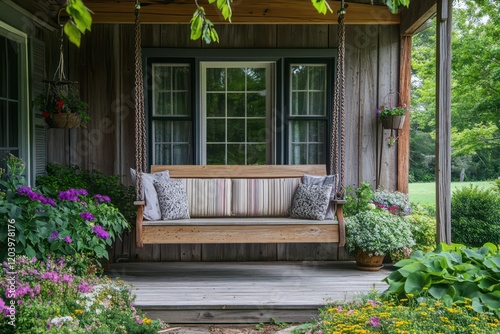 A country home with a charming front porch swing and blooming garden.