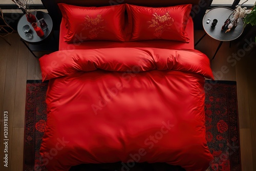 In the spot. Bedroom, high angle frontal shot of bed, panoramic view of bed. The bed with big red sheets has a dreamy rose element atmosphere