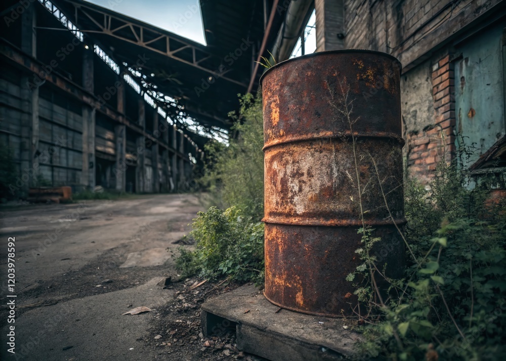 Rusty Metal Oil Fuel Barrel in Abandoned Urban Factory - Industrial Decay Stock Photo Rusty Metal Oil Fuel Barrel in Abandoned Urban Factory - Industrial Decay Stock Photo