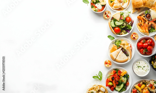 Delicious buffet food flatlay, white background