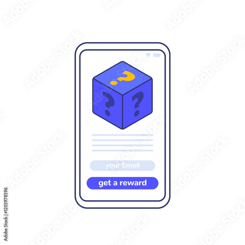Rewards mobile app design, cube with question marks and a phone vector