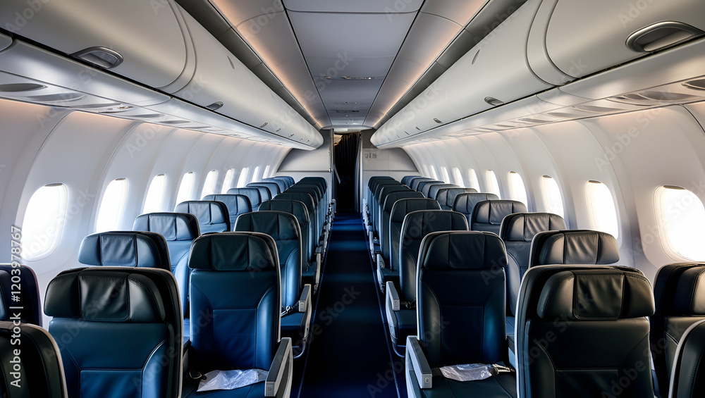 Fototapeta premium Interior of modern aircraft with flight seats and hallway in daytime during flight