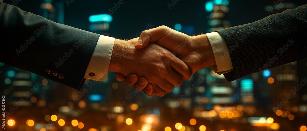 Business handshake, city night. Deal, success Business handshake, city night. Deal, success