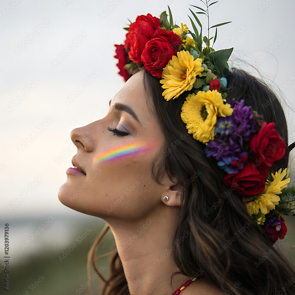 Naklejka premium Portrait of a woman featuring a crown of vibrant flowers and colorful rainbow light stripes on her face