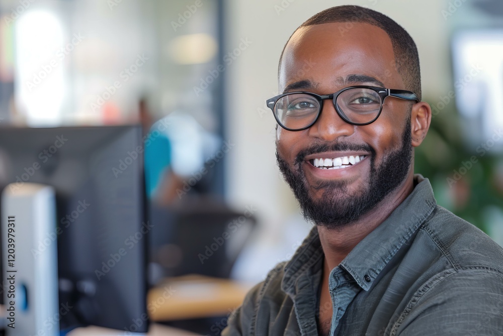 Obraz premium Portrait of a cheerful businessman smiling while working on his computer in a bright, modern office environment