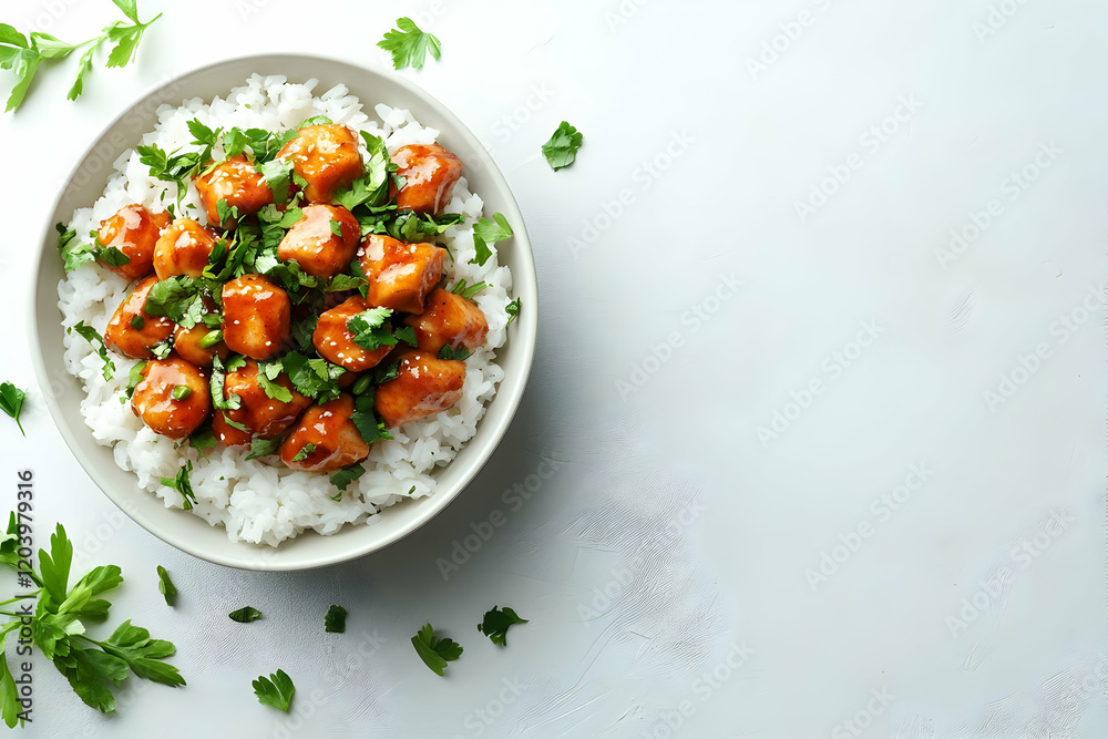 Sweet chicken rice bowl, overhead, marble Sweet chicken rice bowl, overhead, marble