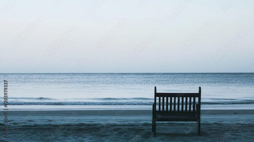 A minimalist beach scene with a single chair in the center of the sand with a calm blue ocean and clear sky creates a peaceful and relaxing setting. A minimalist beach scene with a single chair in the center of the sand with a calm blue ocean and clear sky creates a peaceful and relaxing setting.