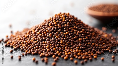 Close-up of a mound of brown mustard seeds on a dark surface with a wooden spoon in the background