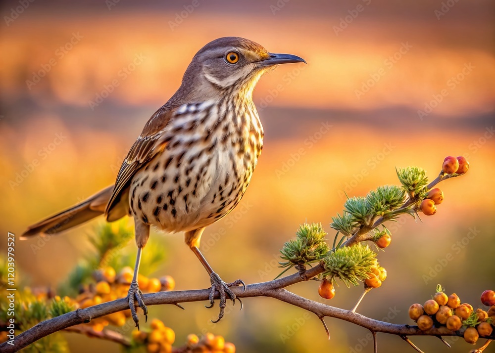Fototapeta premium Sage Thrasher Bird on Desert Branch, Rule of Thirds Composition