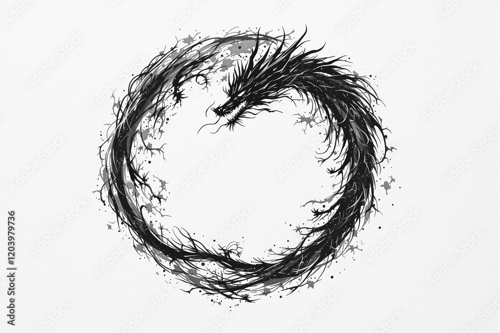 Fototapeta premium Abstract black dragon forming circular shape on white background, symbolizing eternity and balance.
