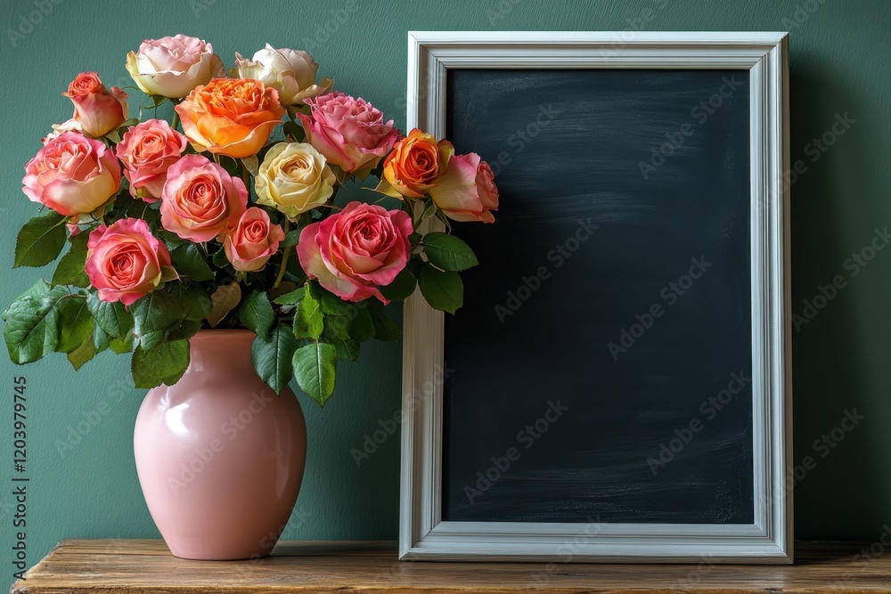 Fototapeta premium Chalkboard and Colorful Roses in a Pink Vase on a Wooden Table