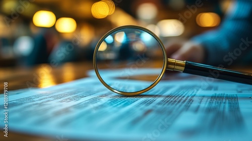 Close up of a magnifying glass over documents suggesting careful examination or analysis with a golden bokeh backdrop